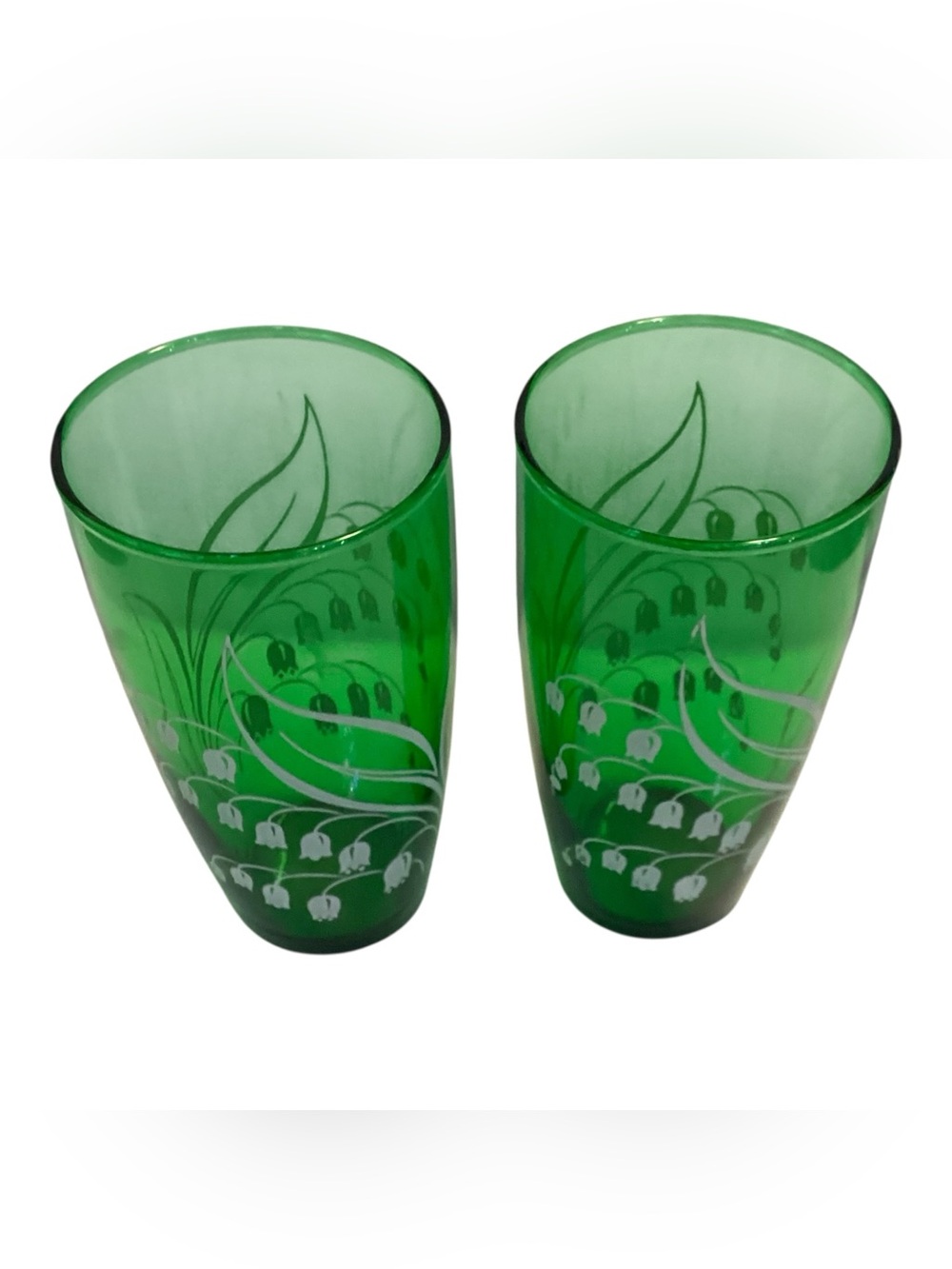 Vintage Anchor Hocking Green Lily of the Valley Tumblers Set of 2 Retro Glasses - Picture 4 of 4